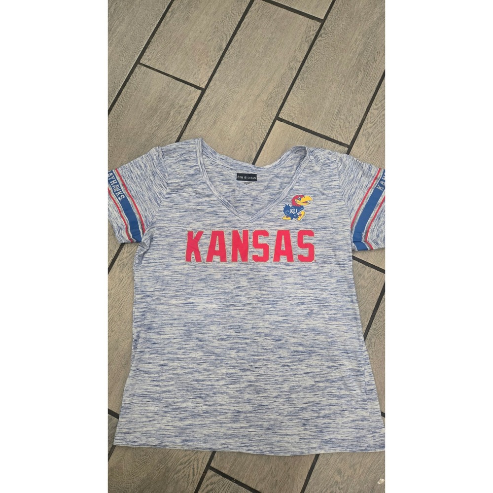 5th & Ocean Kansas Jayhawks Space Dye V-Neck T-Shirt Blue Heather Womens 2XL